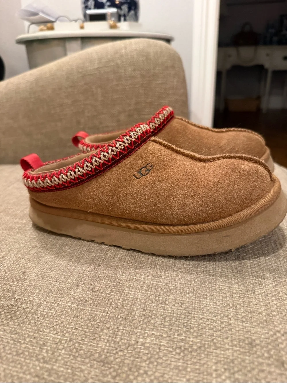 UGG Chestnut Suede platform Slip-On Mules with Red Trim